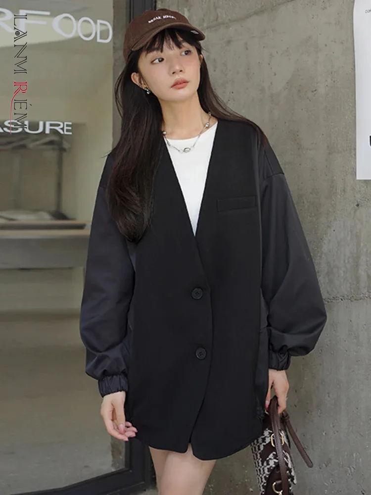 lanmrem-women-black-patchwork-design-blazer-fashion-v-neck-long-sleeves-loose-coat-streetwear-2024-spring-new-clothing-2aa5027