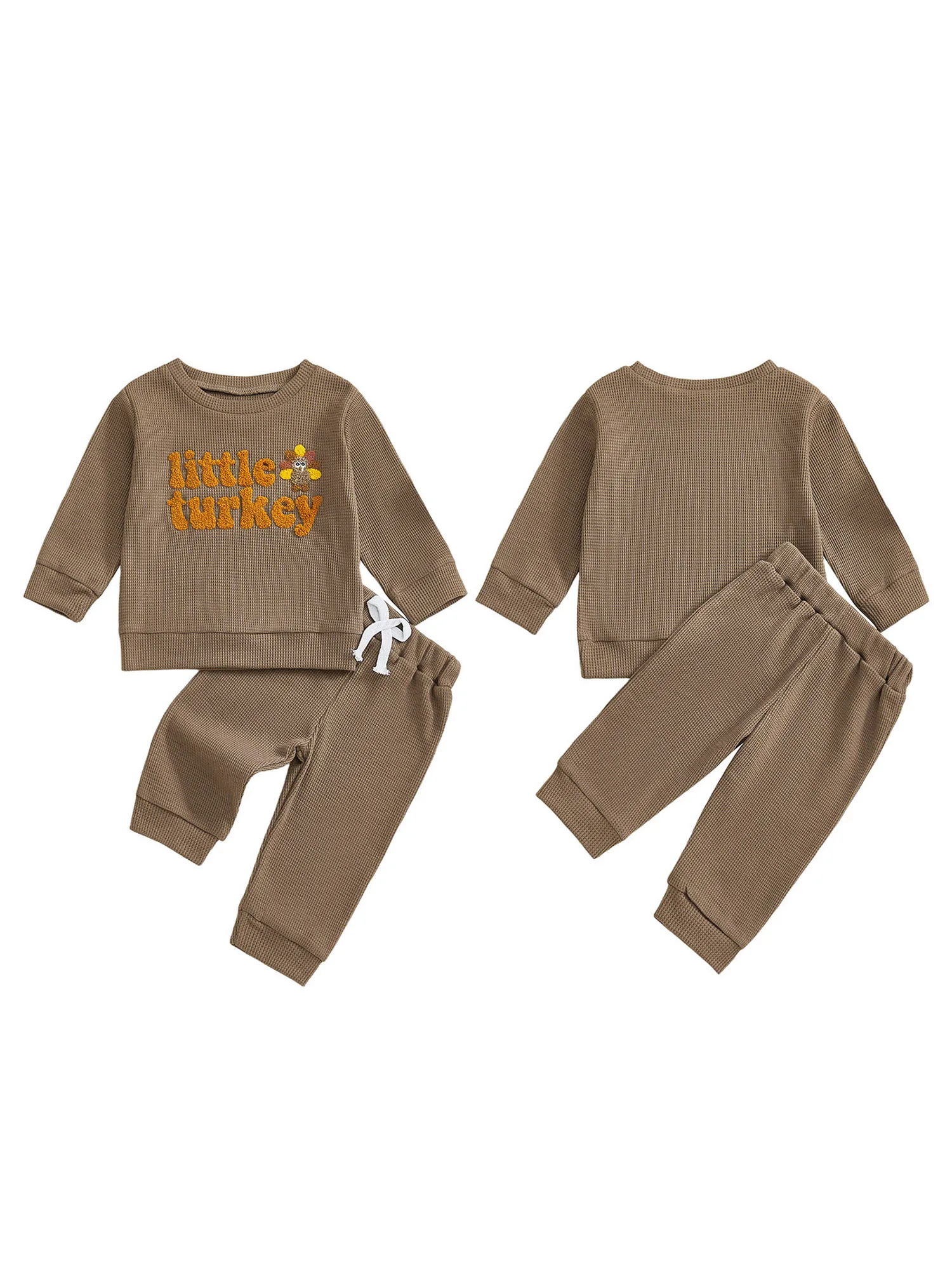 Kleinkind Thanksgiving Outfit Türkei Brief Stickerei Langarm Pullover Elastische Taille Feste Hosen 2 Stücke Waffel Set – Detail 2