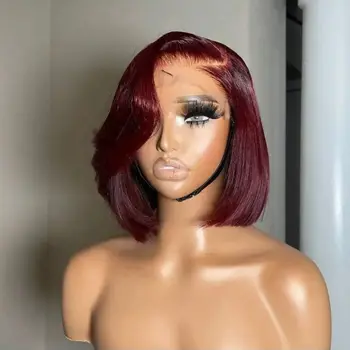 Burgundy 8-34 Inch 200% Straight Bob Wig 13x4 Transparent Lace Frontal Wig Human Hair 99J Red Colored Pre Plucked With Baby Hair 1