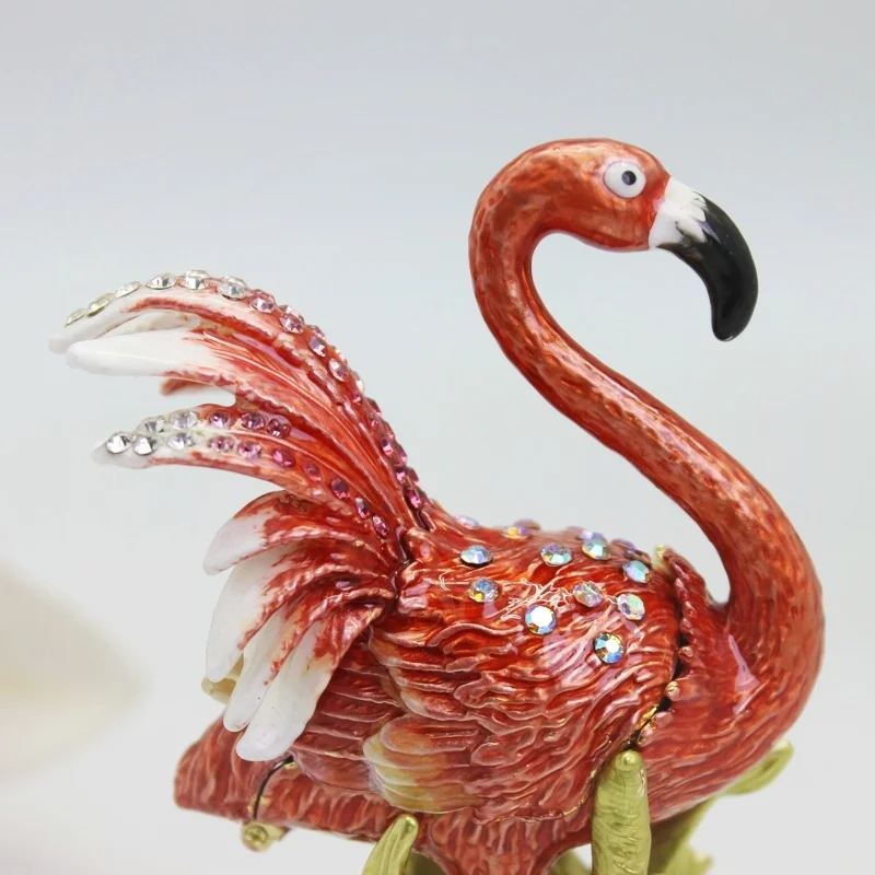 Flamingo Trinket Box Metal Enameled Bird Animal Figurines Collectable Wedding Jewelry Ring Holder Organizer mini storage boxes