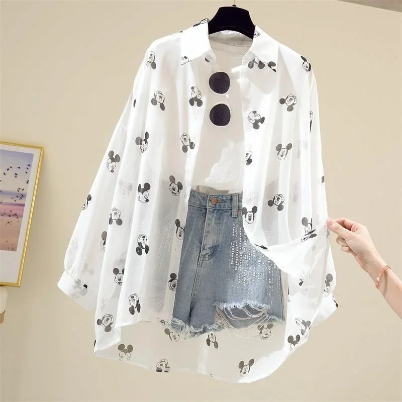 Disney Mickey Cartoon Women's Shirt Summer Lightweight Breathable Sunscreen Clothes Harajuku Style Korean Wild Cardigan Cardigan
