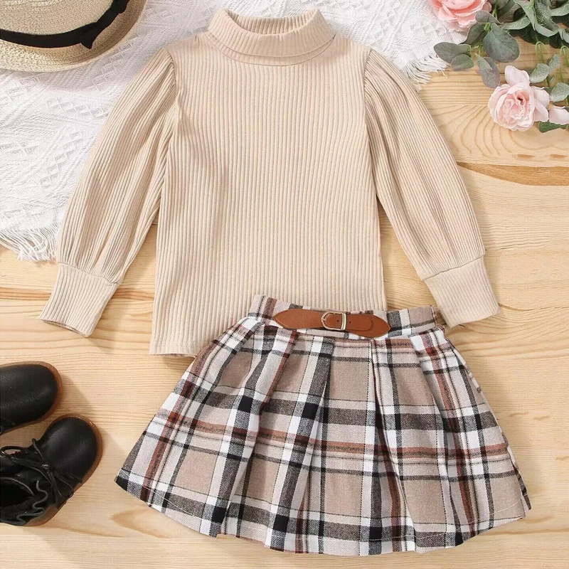 

Newborn Toddler Baby's Clothes Girls Autumn Outfit Sets Solid Color Long Sleeve Tops A-line Plaid Skirt Children's Clothing