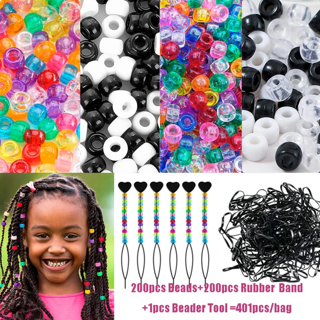 401Pcs/Bag Beads Kit for Hair Braids 200pcs 9x6mm Glitter Pony Beads 200pcs  Elastic Rubber Bands and 1pcs Beaders for Kids Hair - AliExpress