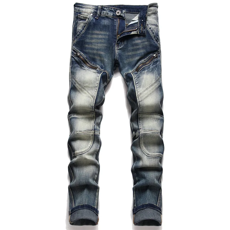 Mens Retro Jeans Men Straight Slim Splicing Zipper Skinny Denim Pants Fashion Biker High Quality Denim Pants Vaqueros Hombre