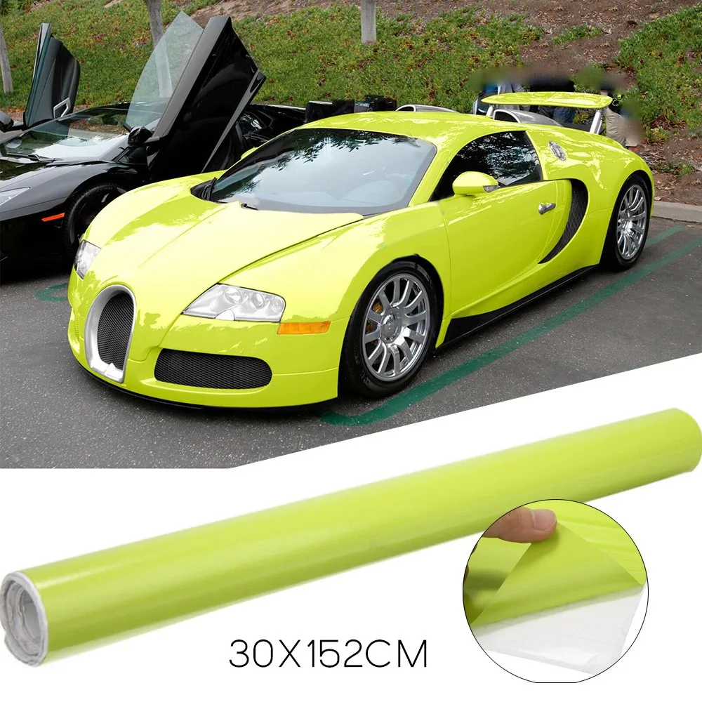 

Глянцевая неоново-желтая Автомобильная виниловая пленка 30x152 см, оберточная рулонная пленка, наклейка, неоново-желтая совершенно новые внешние аксессуары, автомобильные наклейки