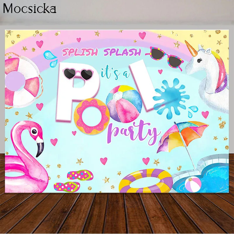 Summer Pool Party Fondale Flamingo Unicorn Lifebuoy Swim Ring Balls Sfondo Kids Birthday Decor Photobooth Prop Supplies