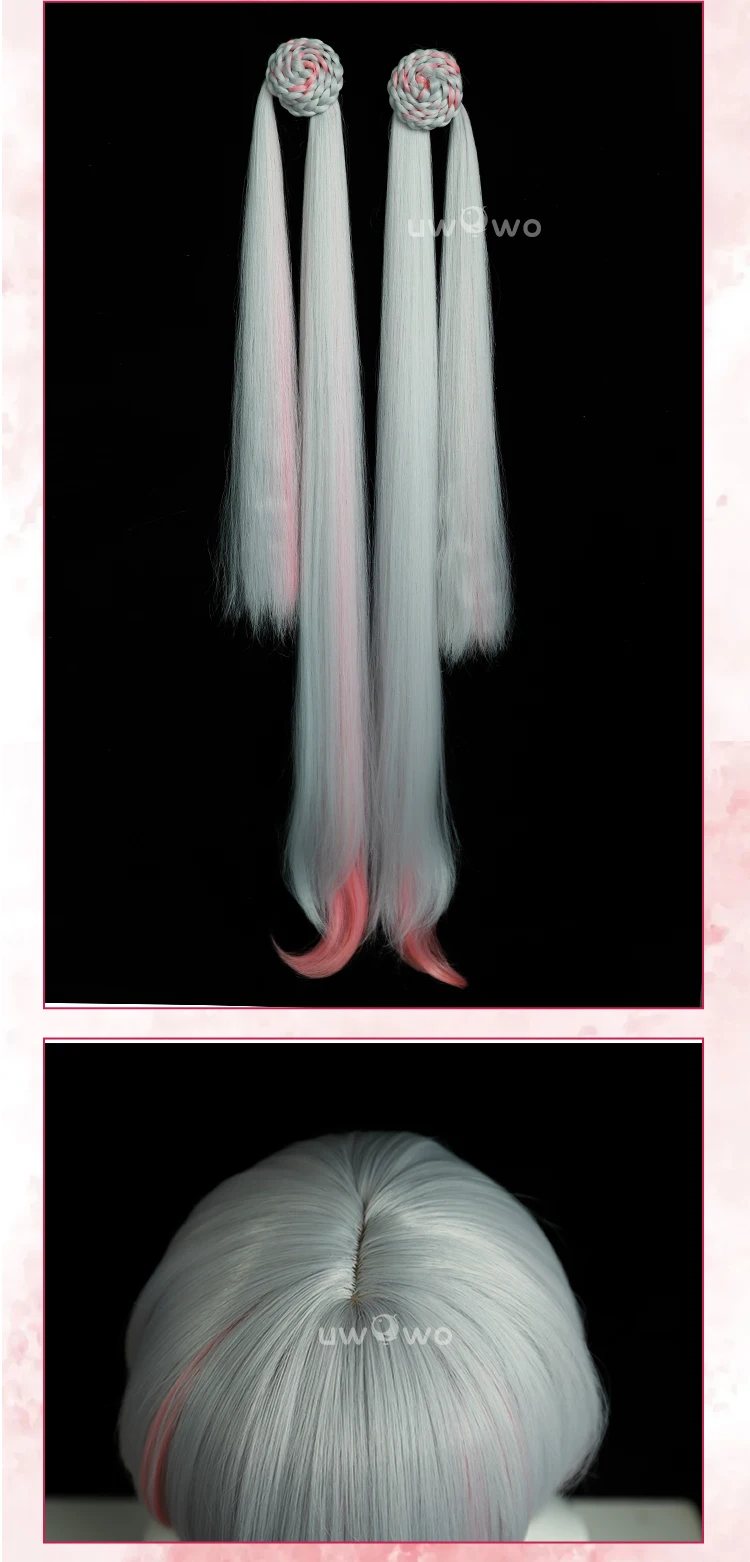 Jinhsi Perücken Wuthering Waves Pfirsichblüte Cosplay Perücke mit Zopf Langhaar Grau und Pink 6