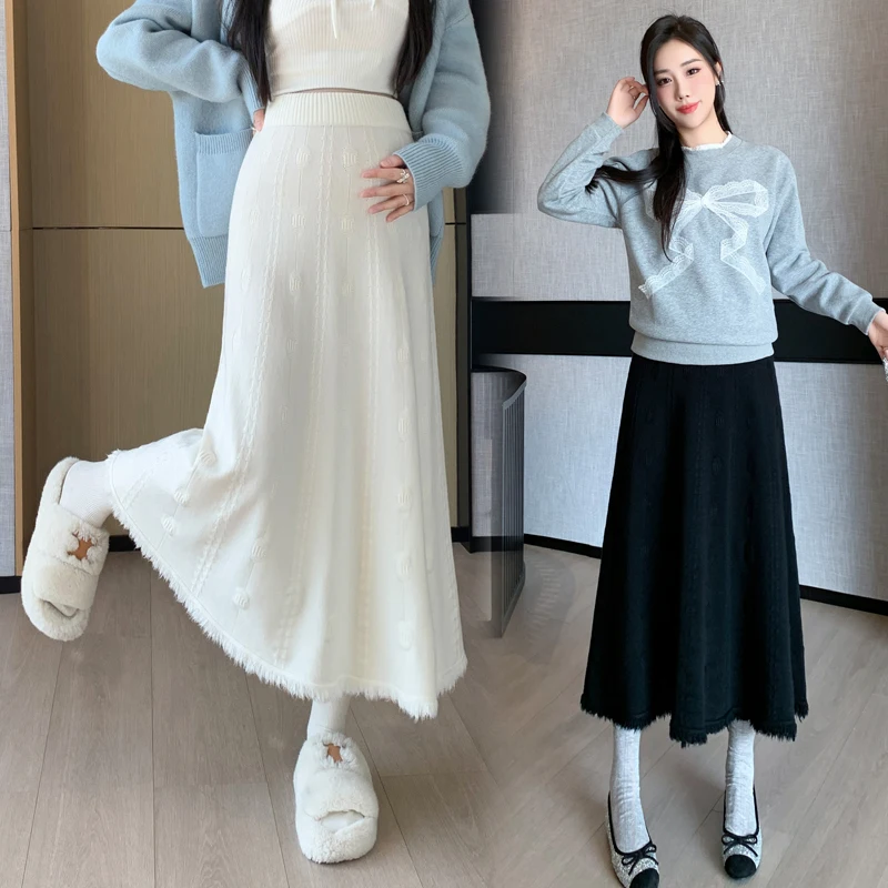 Japanese Style Maternity Belly Skirt Black High Waist Tassel Patchwork Pregnant Woman A-line Skirt Pregnancy Umbrella Skirts