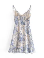 Retro French style Summer Blue White Floral Swallow Print Ruched Bandage Strap Mini Dress Sexy Ruffles Hem Lacing Up Sling Robe - Image 3