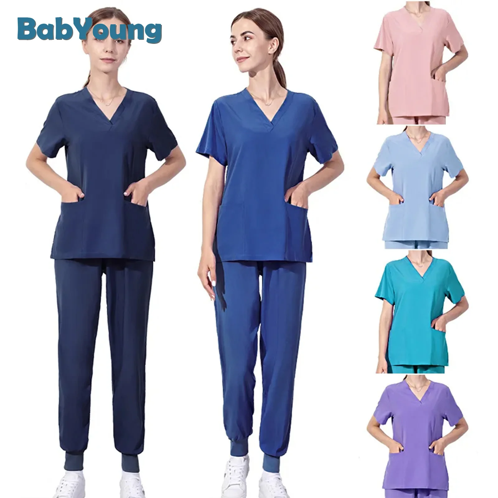 

Hot Sales Nurse Short Sleeve Neck Tops Working Uniform Blouse Workwear Nursing Women Scrubs Pants Elastic