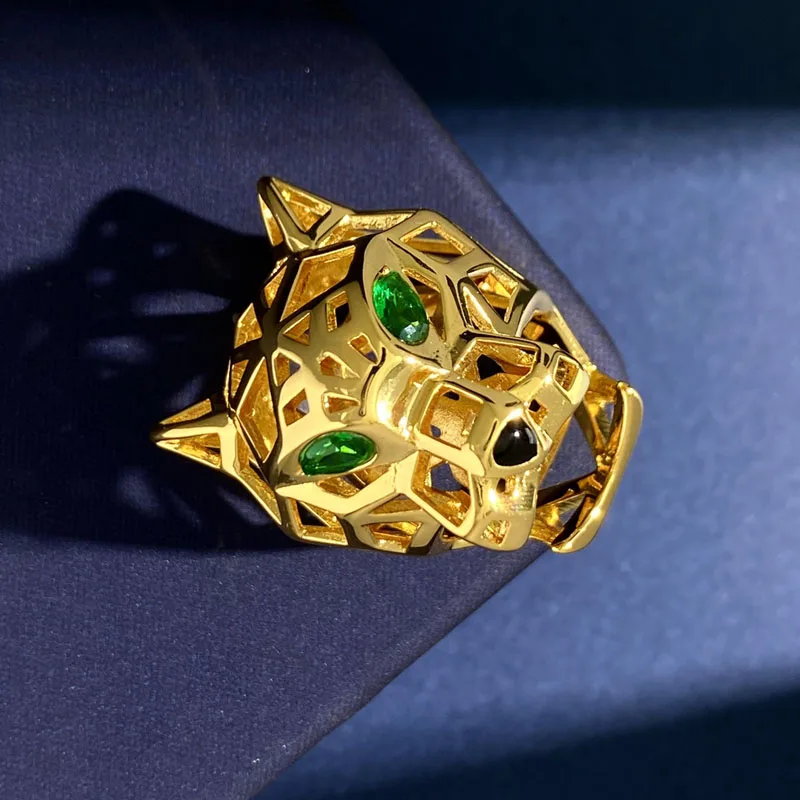 Top Quality Hyperbole Green Eye Crystal Stone Vacuum Plated Gold Stainless Steel Leopard Ring For Men Women Fashion Jewelry