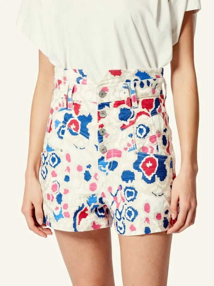 

Women Shorts Contrast Print Single Breasted High Waist Slim Summer New Casual Cotton Denim Short Pants