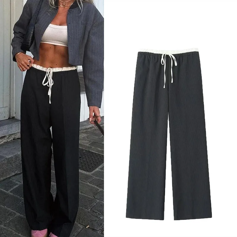 

TRAF Satin Waistband Pants For Women 2023 Simple Elastic Waist Striped Trousers Woman Vintage Side Pocket Straight Wide Leg Pant