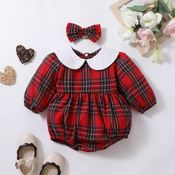 Autumn & Winter Newborn Baby Girl Children Clothes Red Plaid Lapel Long Sleeved Romper Jumpsuit 1