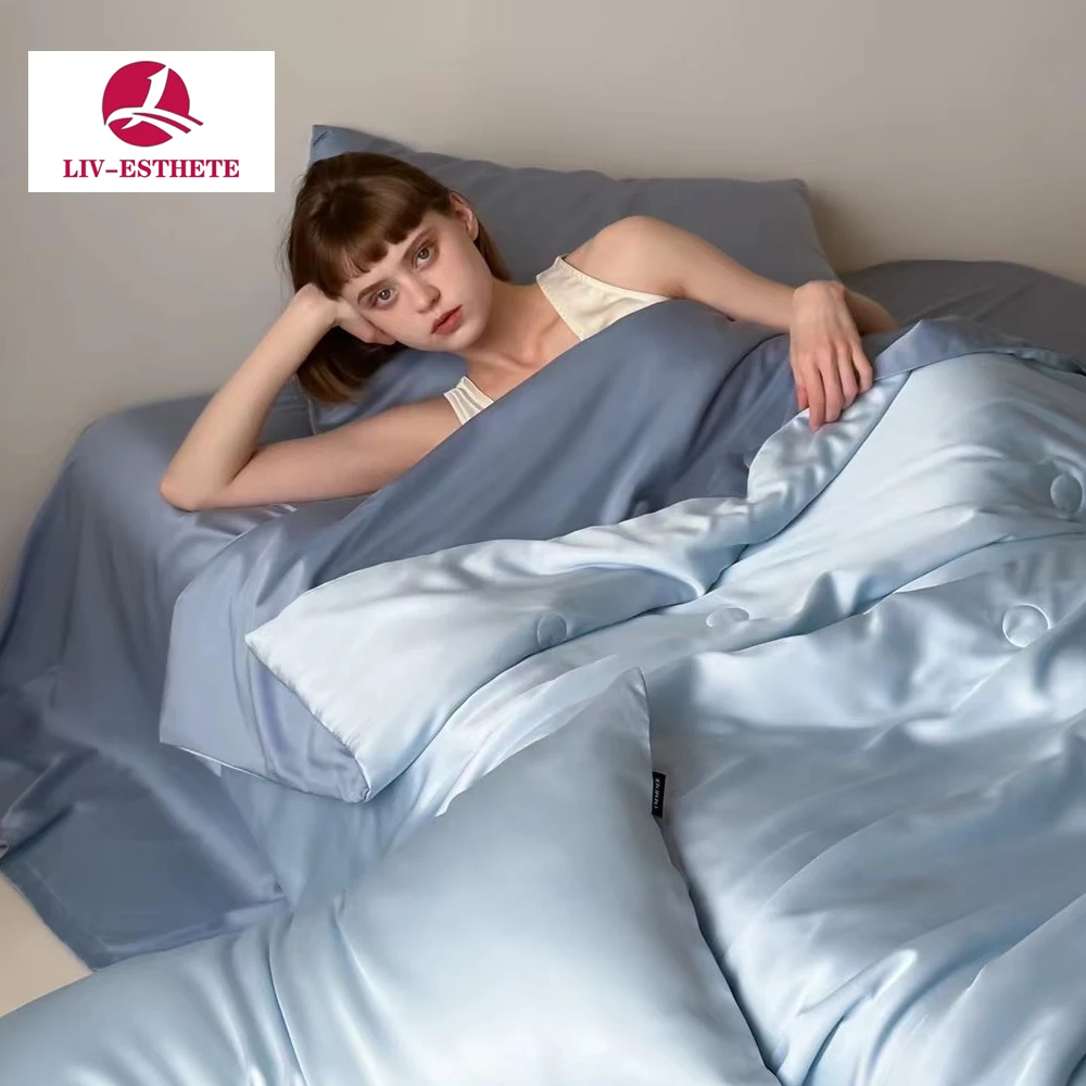 

Liv-Esthete Women Luxury Blue Summer 100% Natural Silk Quilt Soft Duvet High Grade Silky Comforter Double Queen King Blanket
