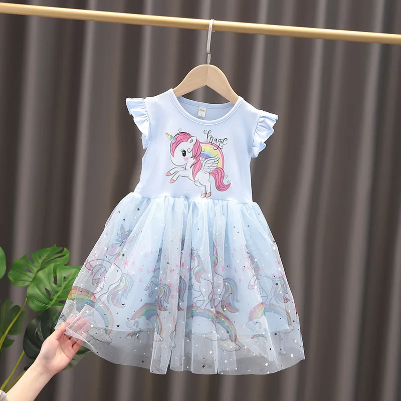 Girls Dress Summer Princess Flying Sleeve Unicorn Party For Children 3-8Y
