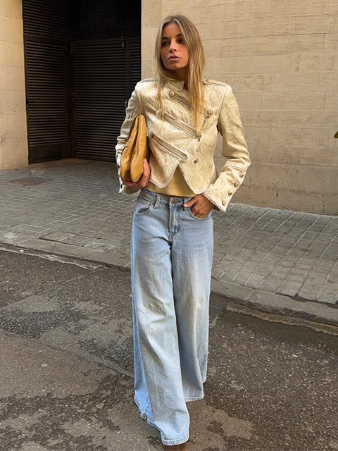 Asymmetrical Double Breasted Napoleon Jacket Stand Collar Long Sleeve Women Crop Coat 2026 Spring Chic High Street Retro Blazer 2