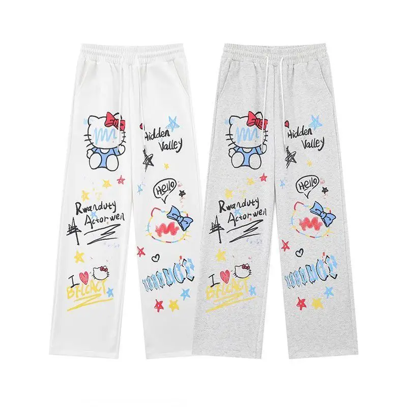 High Street Hip Hop Kitty Cat Sports Straight Pants Women Elastic High Waist Drawstring Pocket Print Letter Casual Trousers 2024