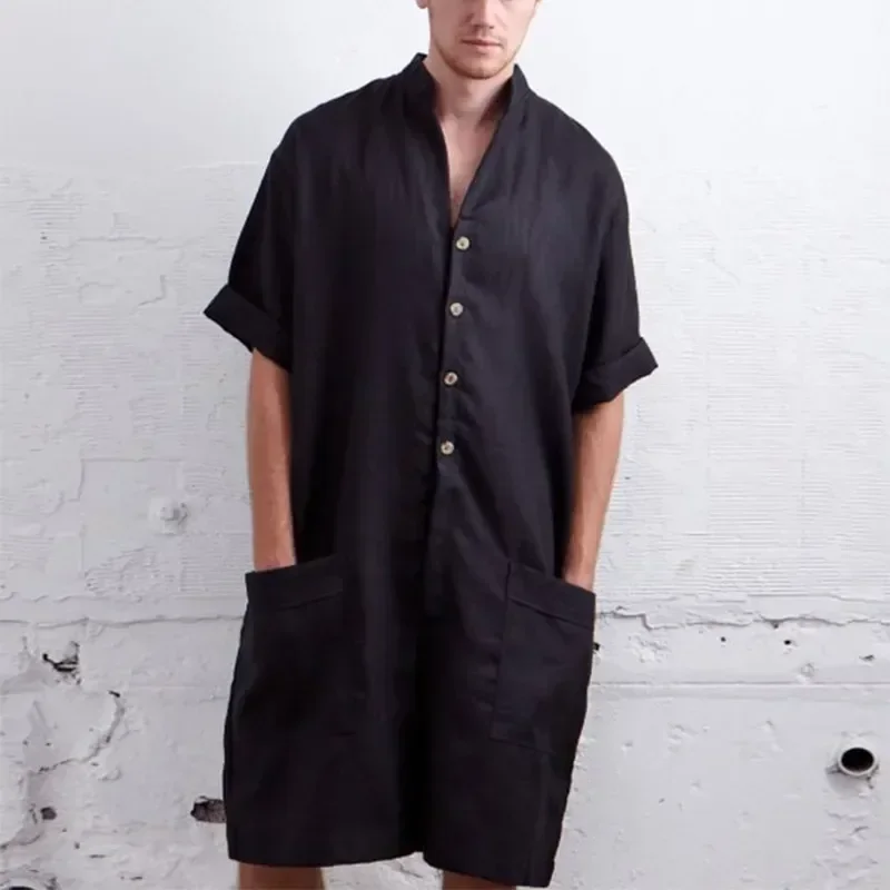 

Mens Stand Oversized Playsuits Romper Cotton Short Loose Men Summer Collar Jumpsuits Button Sleeve Shorts Overalls