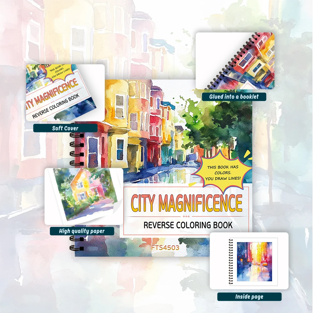 1pc, City Reverse Colouring Book, 30 sheets of 100gsm, Relaxing & Creative Lines ‘All You Need Is A Pen Book’ Birthday Gift 3