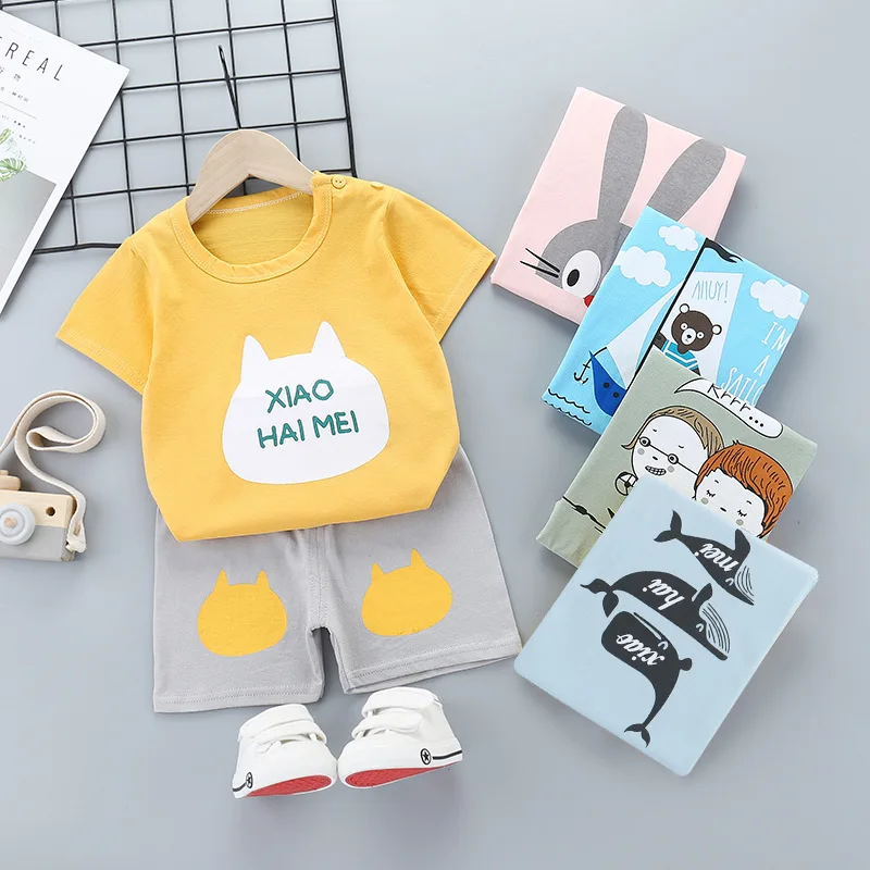 

Комплект летней одежды для маленьких мальчиков и девочек из 2 предметов, комплект одежды для младенцев, с коротким рукавом и шорты, домашняя ...