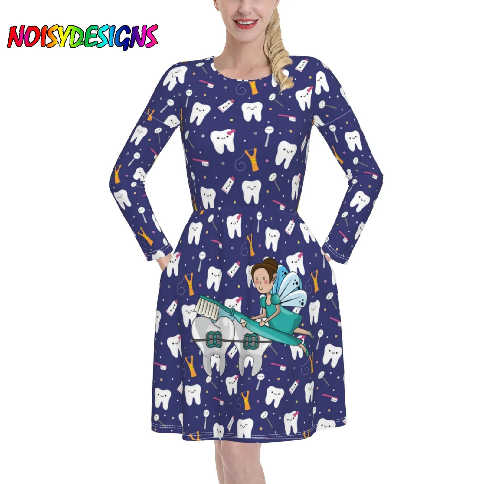 

NOISYDESIGNS Fashion Trend Long Sleeves Party Dress For Women Tooth Dentist Fairy Print Lady Short Dresses Robe Mujer Dropship