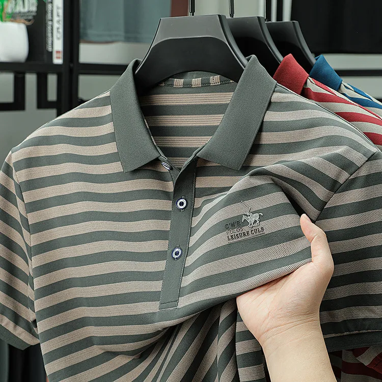 Men Striped Short Sleeve Polo Shirt Business Collar Casual Breathable Comfortable Top 21 undefined