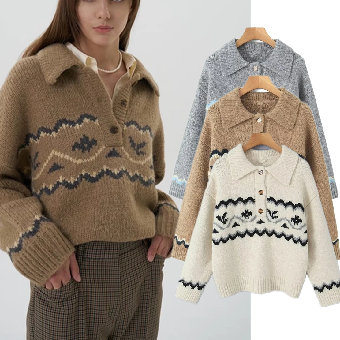 

Withered French Country Style Retro Jacquard Sweater Boyfriend Style Casual Loose Off Shoulder Knitwear Autumn and Winter