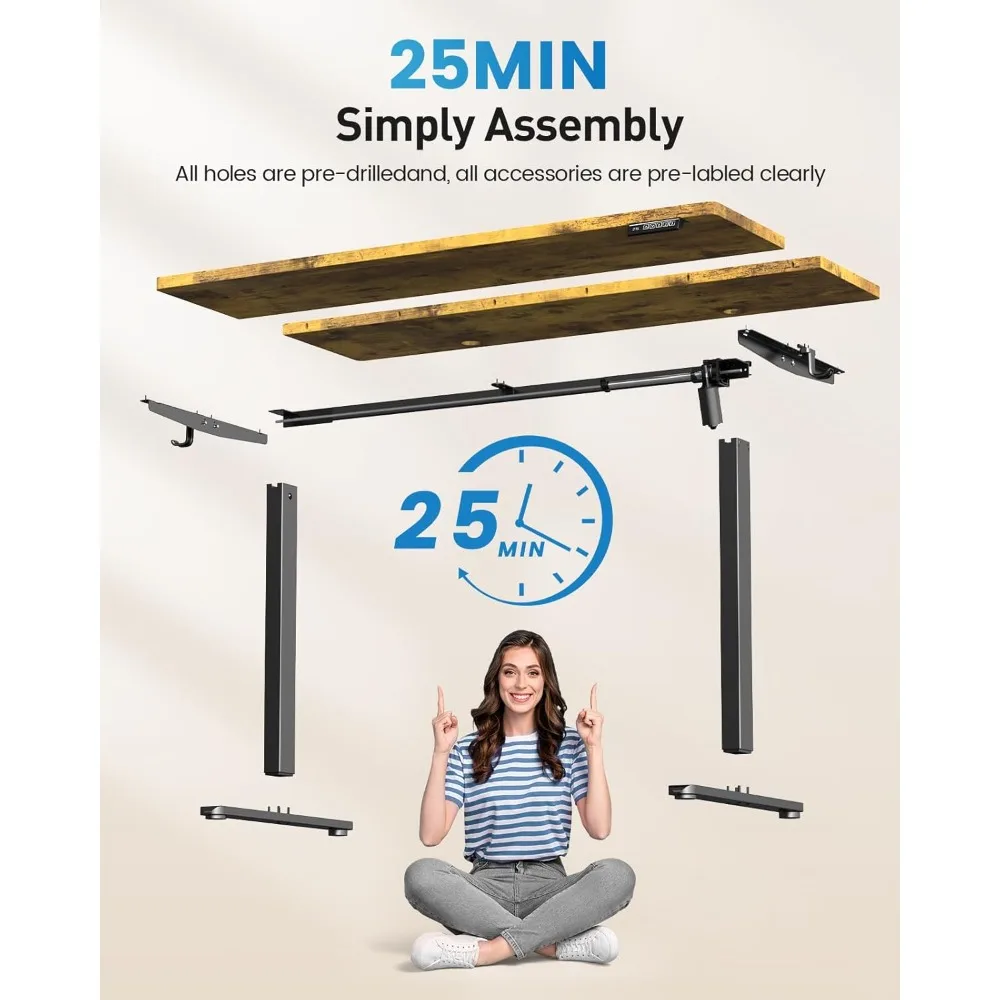 Sit Stand Desk Adjustable Height 48"× 24" Memory Computer Stand Up Desk for Home Office Study Table with Hook, Rustic Brown
