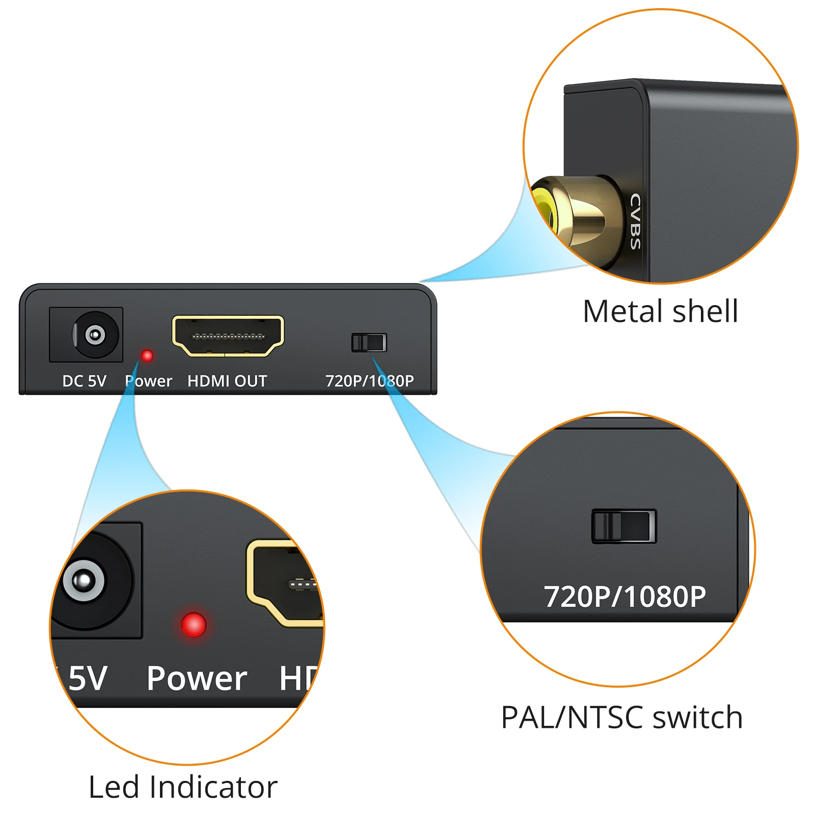 Neoteck AV CVBS 3RCA to HDMI ȣȯ   Ϸ,  L/R   NTSC PAL 1080P  ̺ ڽ