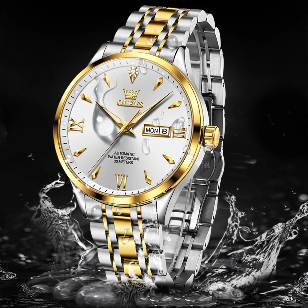OLEVS 9956 Automatic Watch Man Top Brand Business Dual Calendar Mechanical Watch For Men Original Stainless Steel Wristwatch