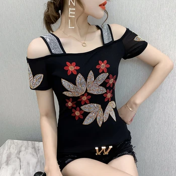 섹시한 오프 숄더 반짝이는 다이아몬드 메쉬 여성 티셔츠, 올 매치 티 블라우스, 유럽 의류, 여름 패션, 신상