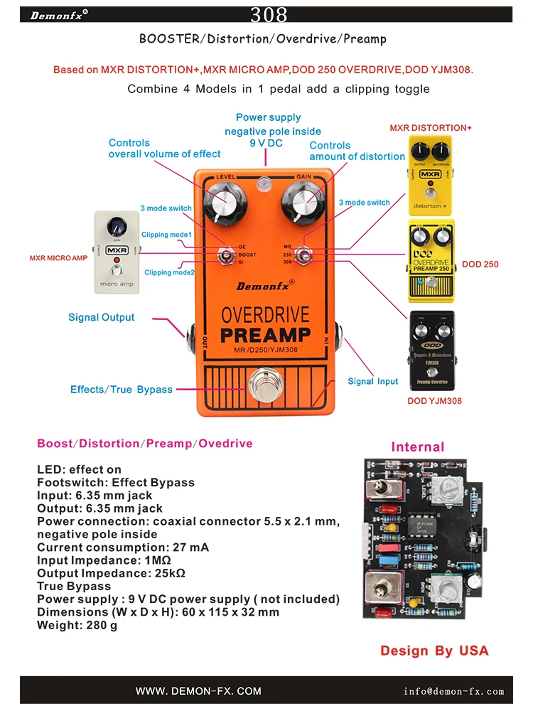 YJM308: NEW Demonfx DOD250 MXR DISTORTION DOD 308 In one pedal two toggle 