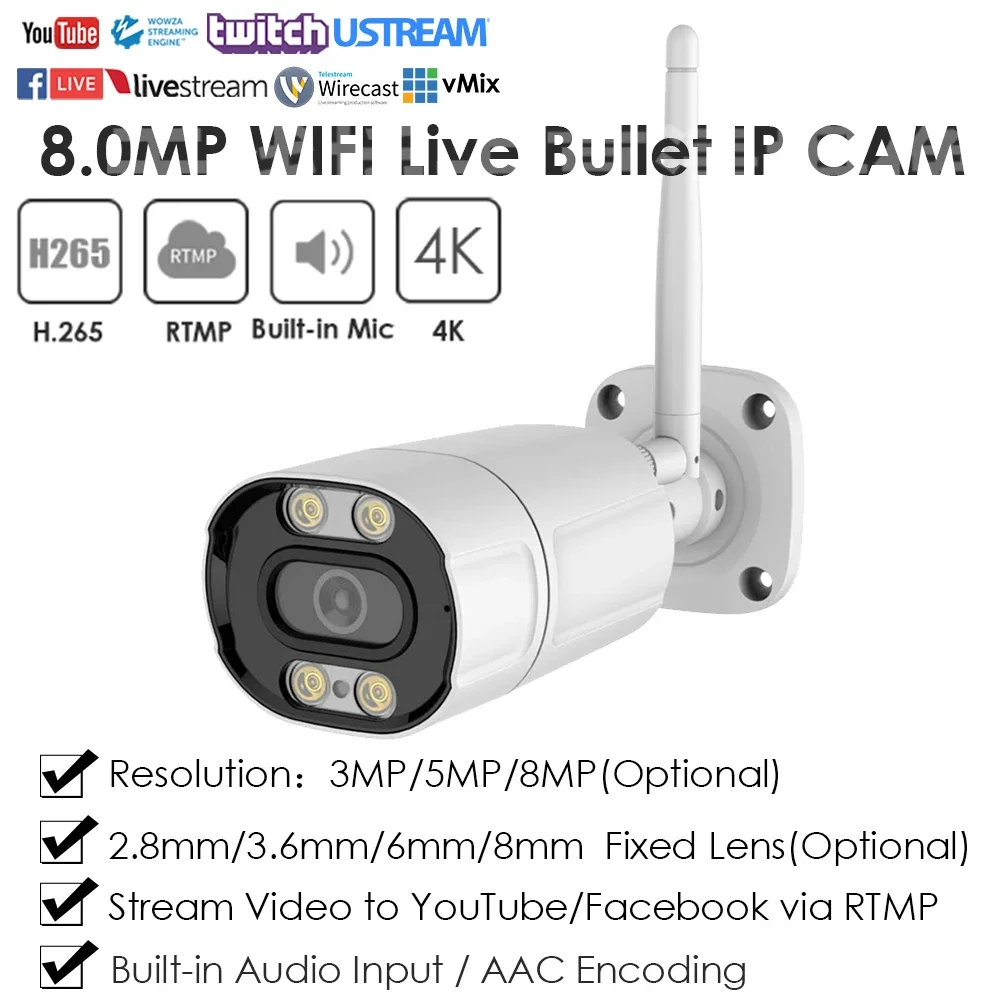 4K 8MP Wireless WiFi IMX415 RTMP IP Camera Full Color IR Dual Light Live Streaming Push Video To YouTube Facebook Indoor Outdoor luxvisage тушь perfect color push up effect