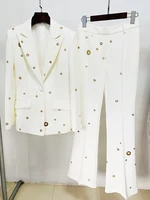 HIGH STREET 2026 Newest Designer Fashion Runway Suit Set Women's Slim Fit Single Button Rivet Eyelet Lapel Blazer Pants Set 2pcs