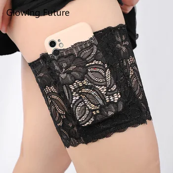 빛나는 미래 섹시한 레이스 레그 워머 양말, 미끄럼 방지 실리콘 휴대폰 포켓, 통기성 패션 허벅지 가터 양말