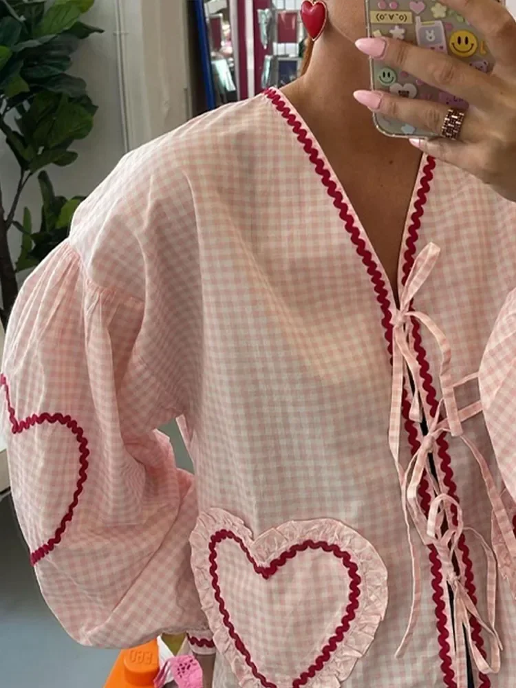 Fashion Pink Plaid Sweatheart Shirts Women 2024 Spring Summer Long Sleeve Lace Up Cardigan Blouse Female Elegant Chic Lady Tops