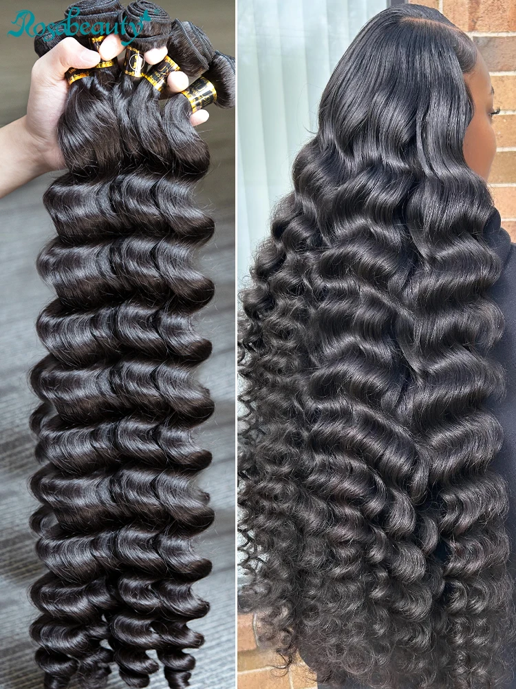 Rosabeauty Loose Deep Wave Bundles Human Hair 30 38 40 Inch Human Hair Bundles Loose Wave Weave Can Be Dyed and Bleached
