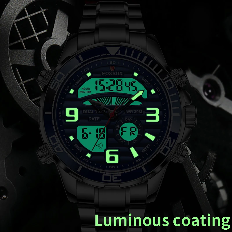 FOXBOX Top Brand Luxury Watch Men Waterproof Quartz Digital Led Male Clock Military Sport Stainless Steel Man Wristwatch 2023