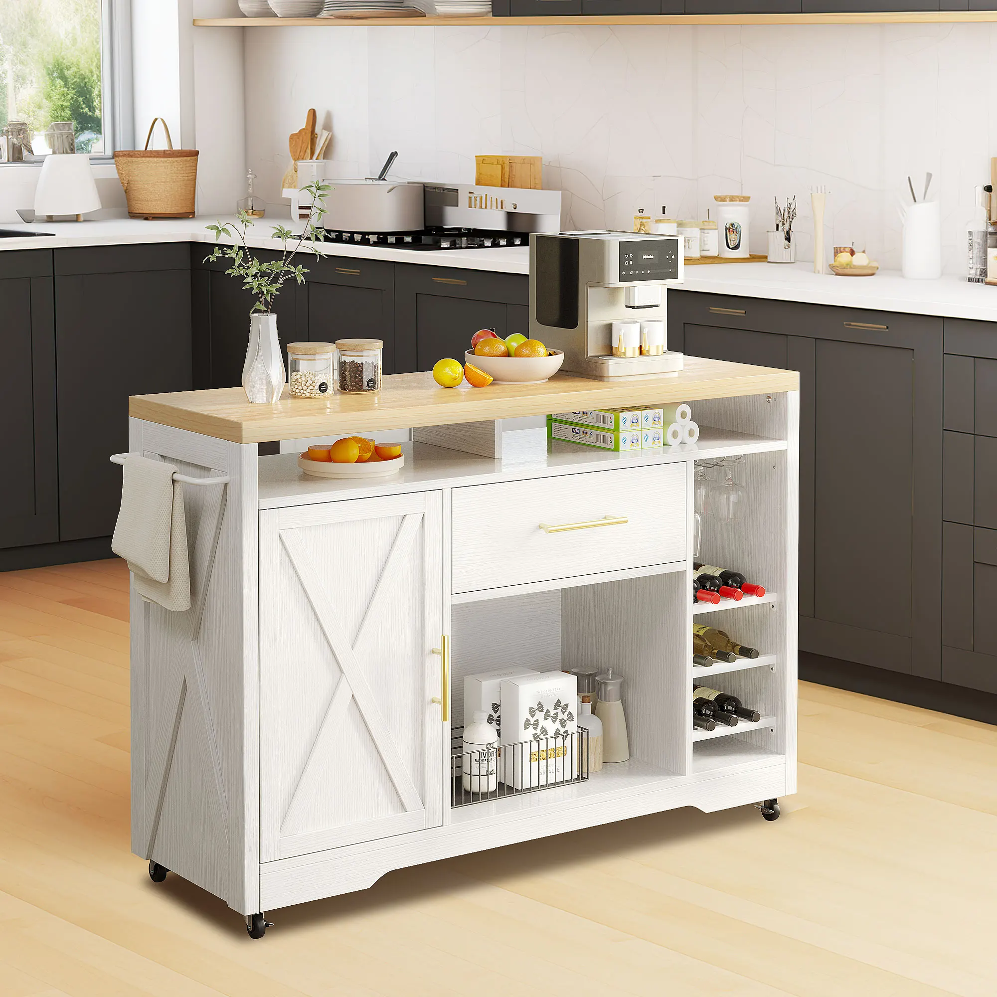 Farmhouse 53" Kitchen Island On Wheel Rolling Kitchen Island Cart w/Power Outlet
