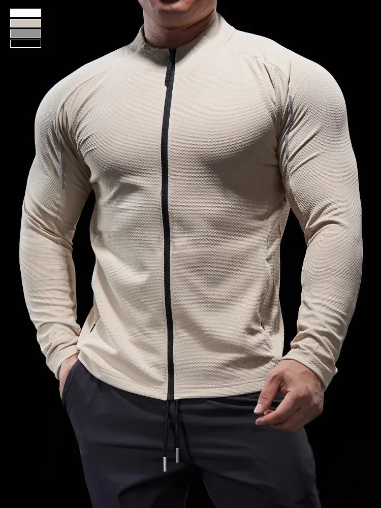 Sports Fitness Jacket Men Autumn Elastic Quick-drying Slim Long-sleeved Gym Training Clothes Outdoor Running Stand-up Zipper Top