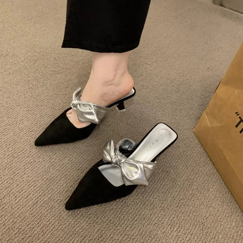 Summer Women Pointed Toe High Heels Sandals Bowknot Fashion Flower Slingback Slippers For women slingback sandals women high heels shoes women dress shoes