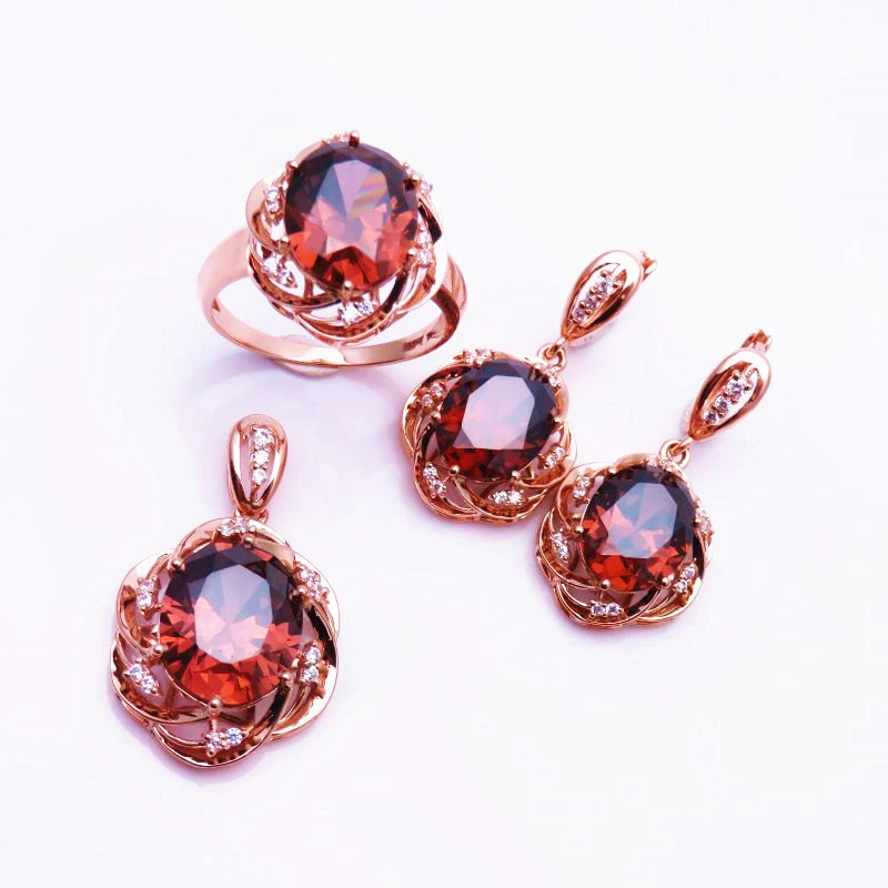 585 Purple Gold Plated 14K Rose Gold Inlaid Ruby Jewelry Set Openwork Crystal Luxury Exquisite Engagement necklaces earrings jewelry set