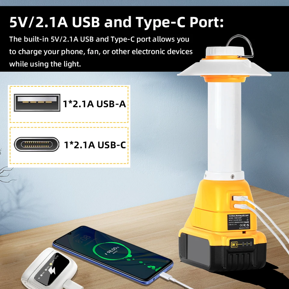 Luz De Trabajo LED De 800LM Para Dewalt 20V Máx., USB Y Tipo C, Para Emergencias, Camping, Exterior, Interior (sin Batería) - AliExprs