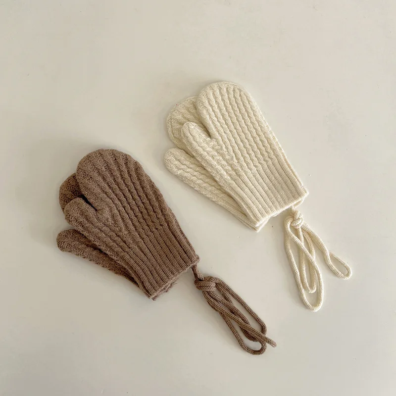 Wool Kids Winter Gloves Mittens for Girls Boys Solid Color 3-9Y