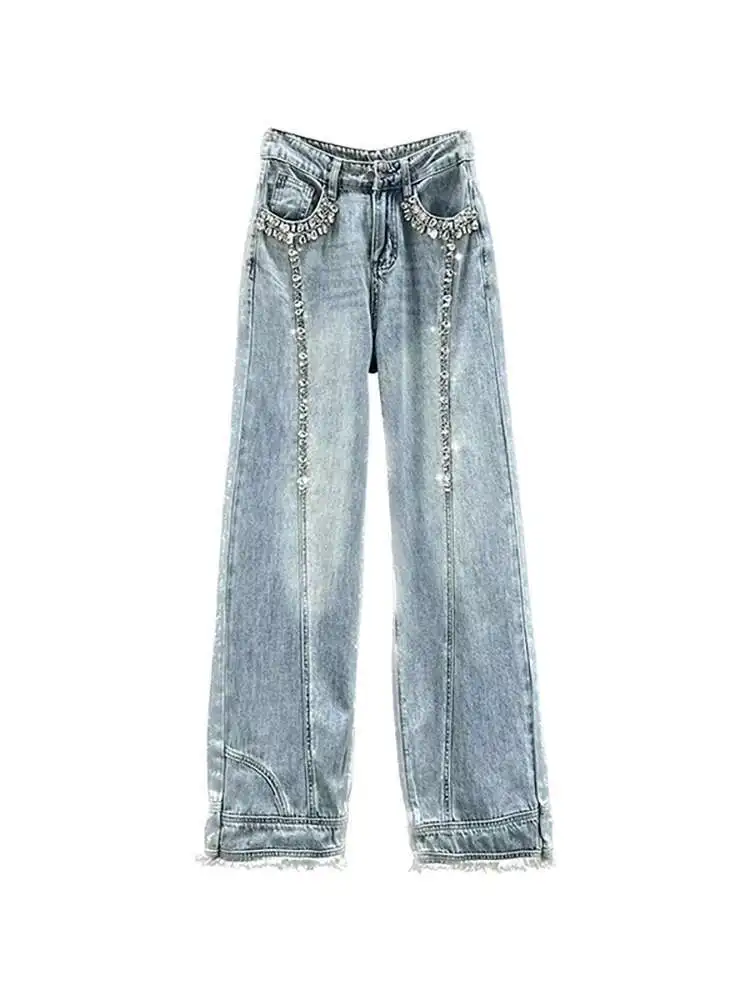 DEAT Women's Jeans Diamond Spliced High Waist Long Loose