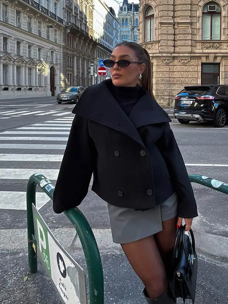 

Женская короткая шерстяная куртка, черная винтажная однобортная теплая куртка с отложным воротником и длинным рукавом, модная уличная одежда для зимы