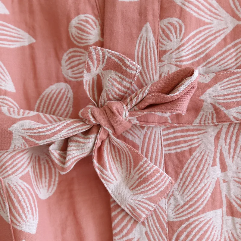 Women's Pure Cotton Gauze Pajamas Thin Jacquard Bathrobes Autumn Long Sleeve Japanese Kimono Robe Loose and Casual Home Wear