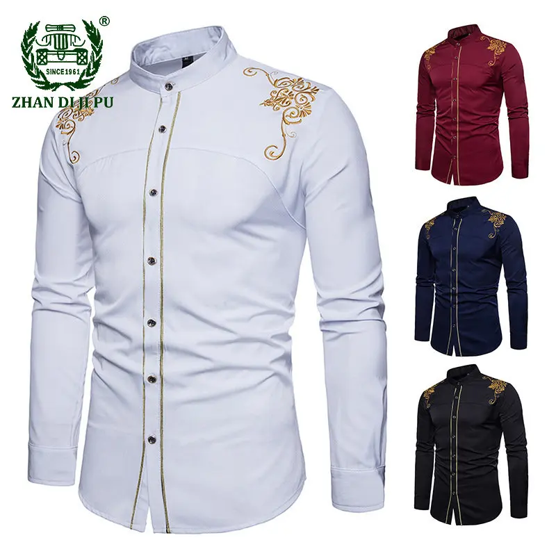 

Fashion Palace Embroidery Long-sleeved Shirt Men's New Fashion Slim Fitting Vintage Shirt Stand Collar Simple Business Shirt Men