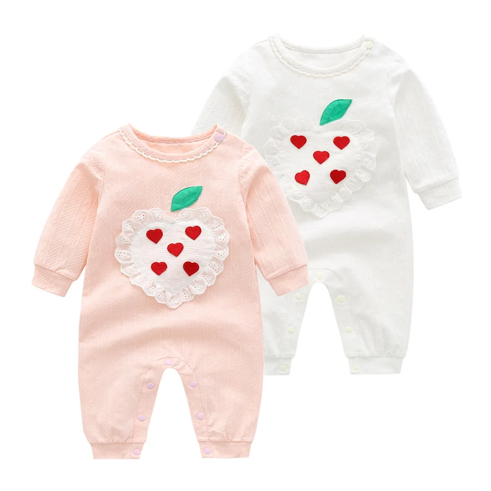 

2023 Spring Autumn Baby Girls Rompers Cotton Love Heart Patched Long Sleeve Infant Girls Jumpsuit Newborn Girls Outfits